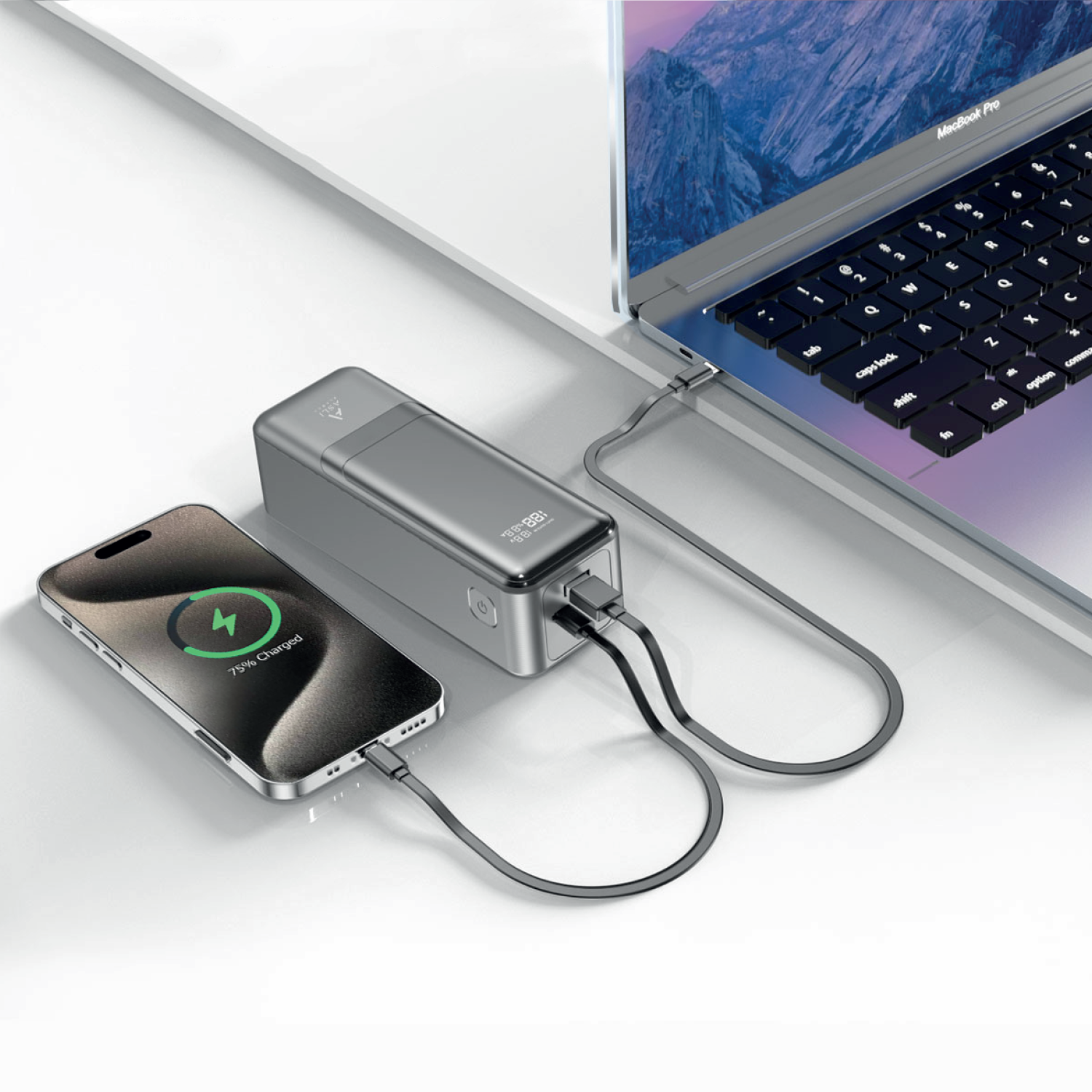 بطارية شحن متنقلة من أسلي جلوبال بسعة 27000 مللي أمبير مع شحن سريع PD و3 منافذ USB بقوة 145 واط | رمادي بطارية شحن متنقلة من أسلي جلوبال بسعة 27000 مللي أمبير مع شحن سريع PD و3 منافذ USB بقوة 145 واط | رمادي